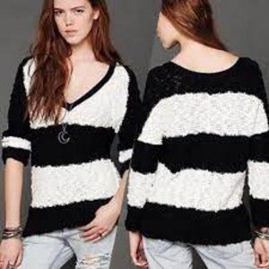Free People Black and White Stripe V-neck Sweater